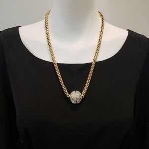 VINTAGE Pave Crystal Ball Spinner Pendant Necklace Heavy Gold Tone Chain